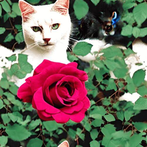 Black and white cats with a red rose and green leaves Black and white cats with a red rose and green leaves thumbnail