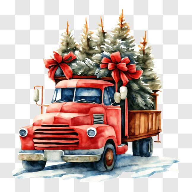 Download Festive Red Christmas Truck with Trees PNG Online - Creative ...