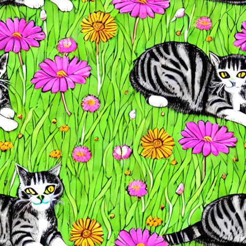 Seamless Pattern of Cats in the Grass with Pink Daisies Seamless Pattern of Cats in the Grass with Pink Daisies thumbnail