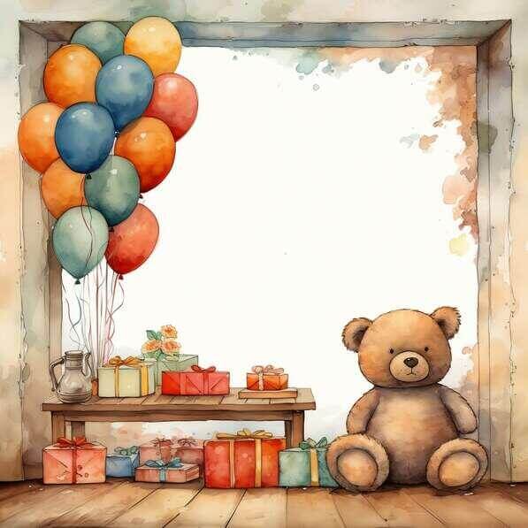 Download Watercolor painting of a teddy bear with balloons and gifts ...