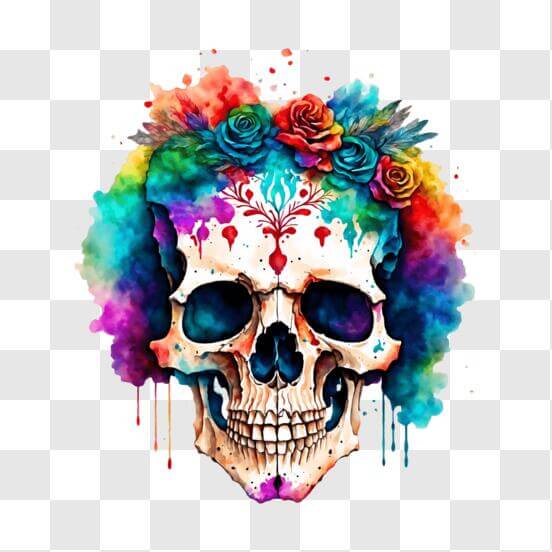 Pièce d'art de crâne de sucre coloré avec des fleurs et des éclaboussures de peinture PNG