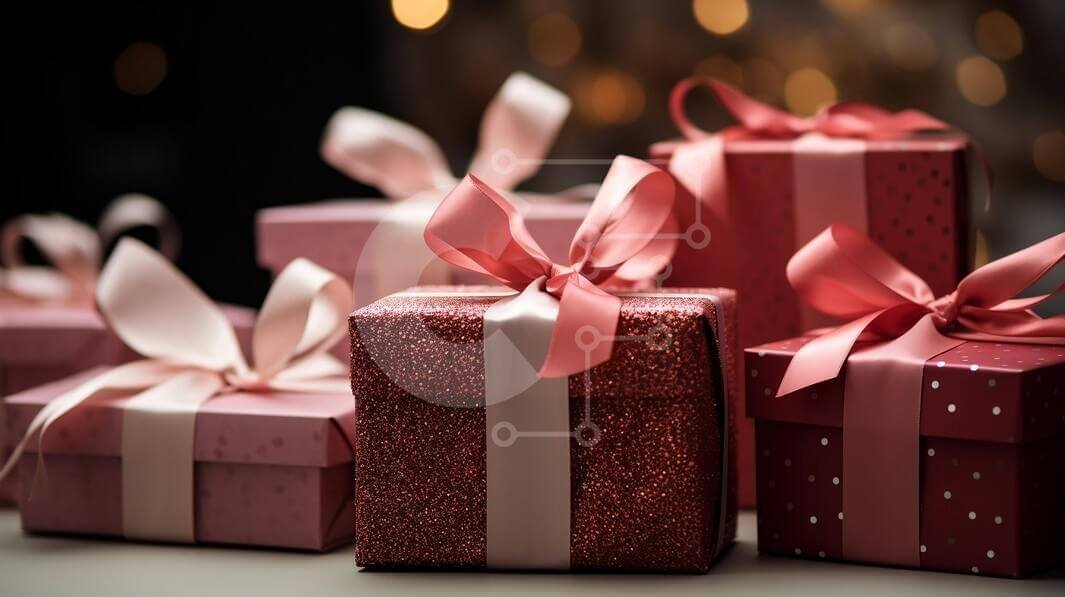 Festive Gift Boxes with Pink Ribbons stock photo | Creative Fabrica