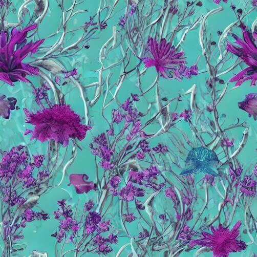 Abstract Turquoise Floral Pattern with Purple Flowers and Leaves Abstract Turquoise Floral Pattern with Purple Flowers and Leaves thumbnail
