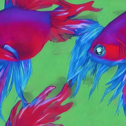 Red and Blue Betta Fish Swimming Together on Green Background Red and Blue Betta Fish Swimming Together on Green Background thumbnail