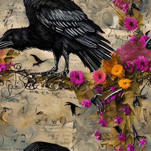 Two Black Birds on Branch with Flowers and Leaves Two Black Birds on Branch with Flowers and Leaves thumbnail
