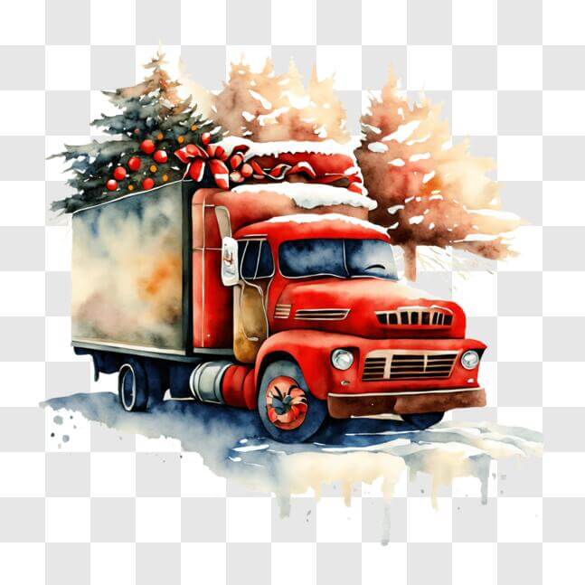Download Festive Red Truck with Christmas Trees and Presents PNG Online ...