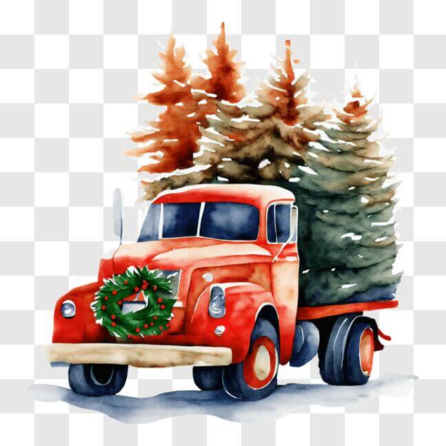 Download Red Truck with Christmas Trees and Holiday Decorations PNG ...