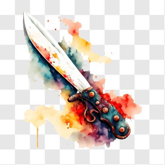 Uma imagem colorida de uma faca com um fundo preto e um fundo