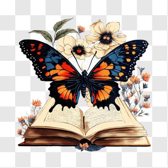 Colorful Butterfly on Open Book with Flowers and Butterflies Sketches thumbnail
