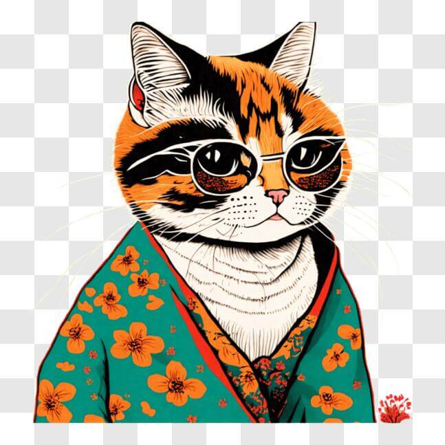 Download Cat wearing a colorful kimono with glasses PNGs Online ...
