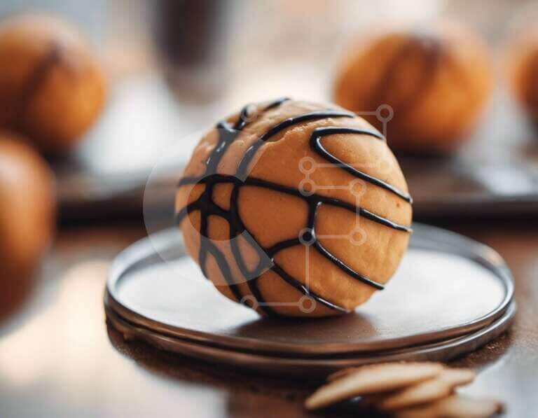 Delicious BasketballShaped Cookie with Chocolate Frosting stock photo