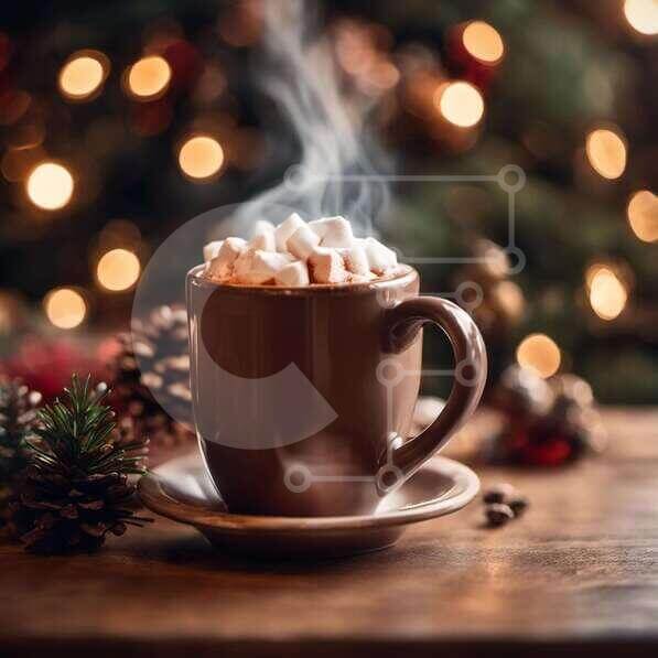 Warm and Cozy Holiday Season with Hot Cocoa and Christmas Lights stock