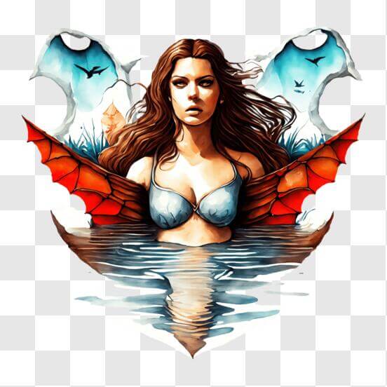 Una mujer con alas de mariposa está parada en el agua.