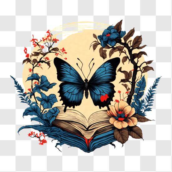 Download Beautiful Open Book with Butterfly and Flower Decorations PNG  Online - Creative Fabrica