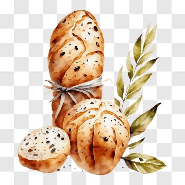 Download Freshly Baked Bread with Olive Branch Watercolor Painting PNG ...