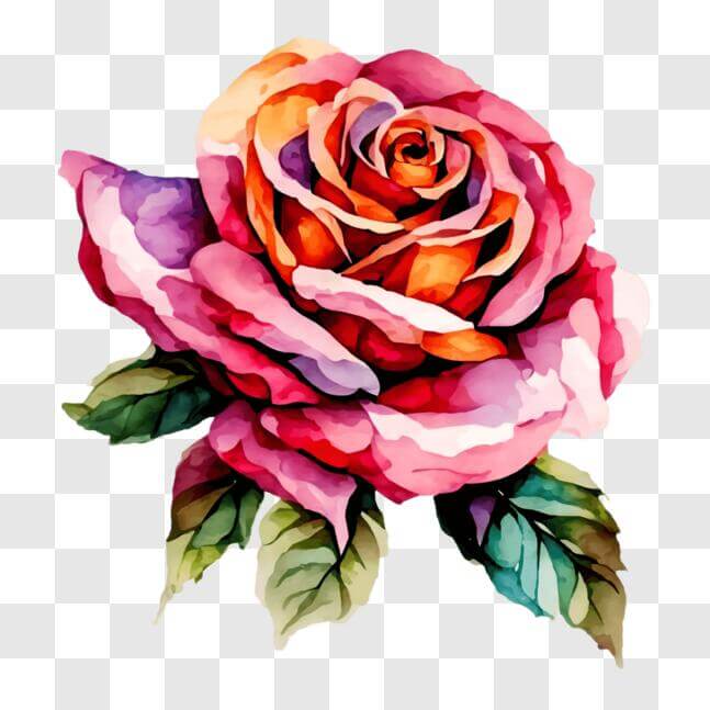 Download Watercolor Painting of a Pink Rose with Green Leaves PNGs ...