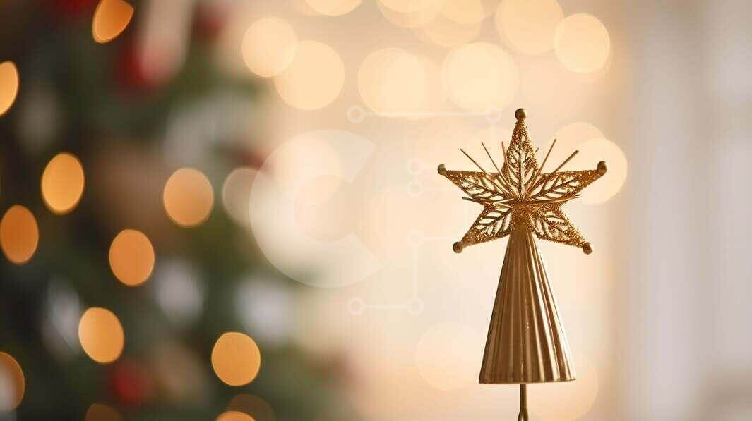 Gold Star Topper On Blurred Christmas Tree Background Stock Photo gold-star-topper-on-blurred-christmas-tree-background-stock-photo