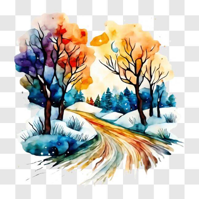 Download Autumnal Forest Watercolor Painting with Snowy Landscape PNGs ...