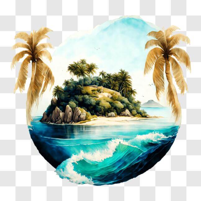 Download Island Paradise Painting with Palm Trees and Waves PNGs Online ...