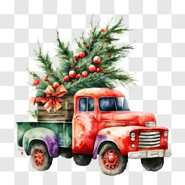 Download Watercolor Red Truck with Christmas Tree PNG Online - Creative ...