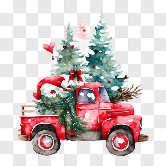 Download Festive Red Truck with Christmas Trees and Decorations PNG ...