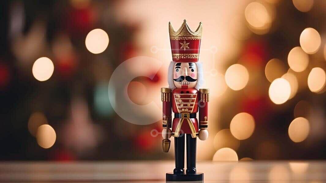 Holiday Nutcracker Figurine with Illuminated Christmas Tree Background