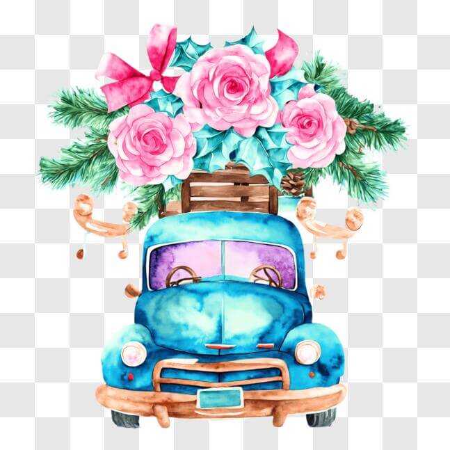 Download Blue Truck with Flower Decorations PNG Online - Creative Fabrica