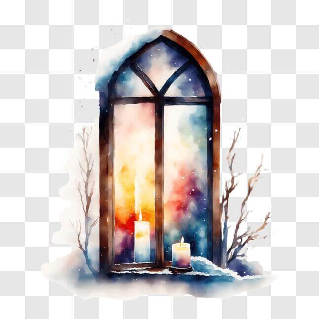Download Winter Window with Candles and Snow - Watercolor Painting PNG ...