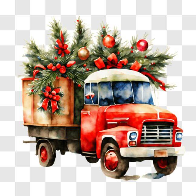 Download Festive Red Christmas Truck with Decorated Trees PNG Online ...