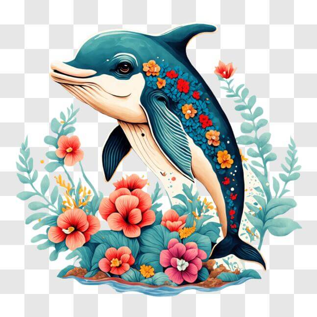 Download Colorful Dolphin Swimming in Water with Flowers and Plants ...