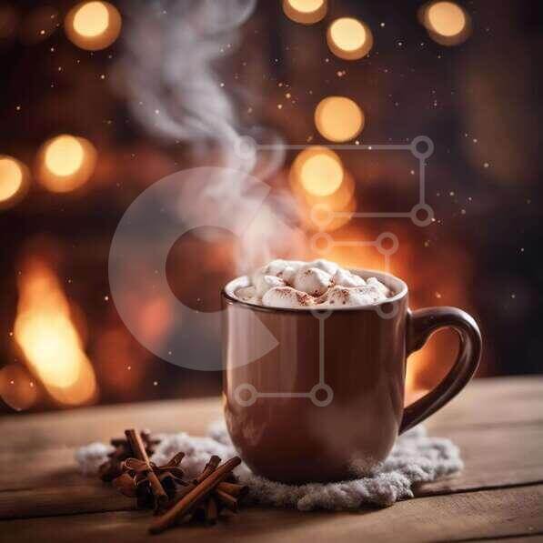 Warm and Cozy Cup of Hot Cocoa with Cinnamon Sticks and Steam stock