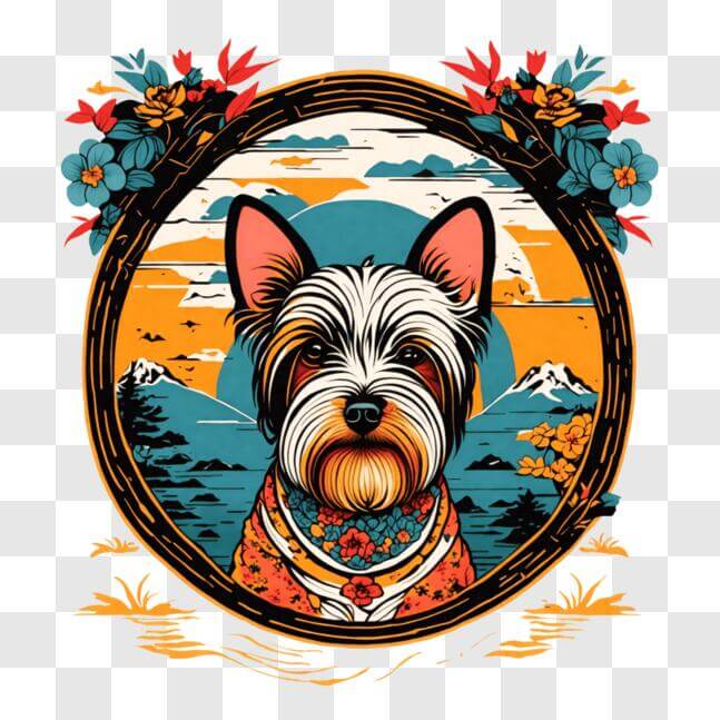 Download Friendly Dog in Ornamental Frame with Flowers and Trees PNGs ...