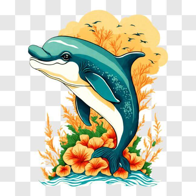 Download Playful Dolphin Swimming in the Ocean with Flowers and Plants ...