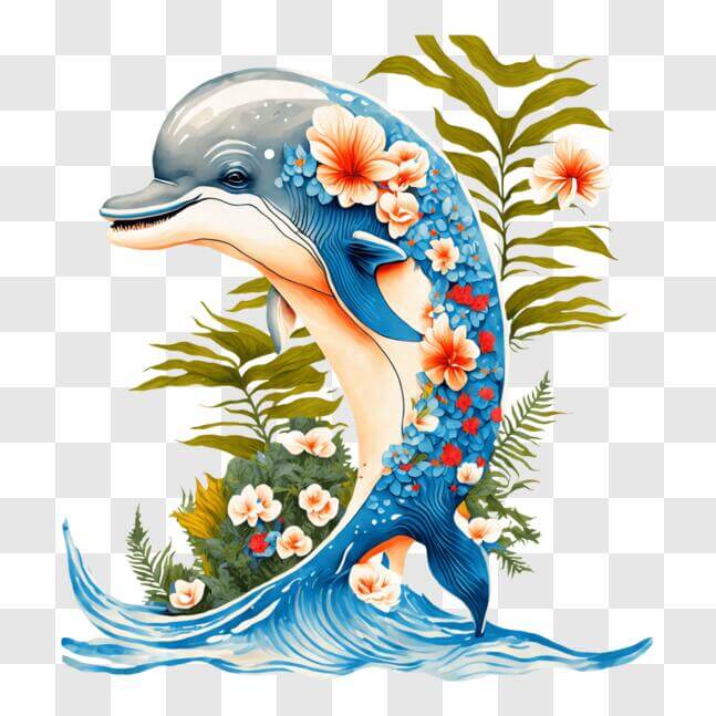 Download Dolphin swimming with flowers and plants PNGs Online ...
