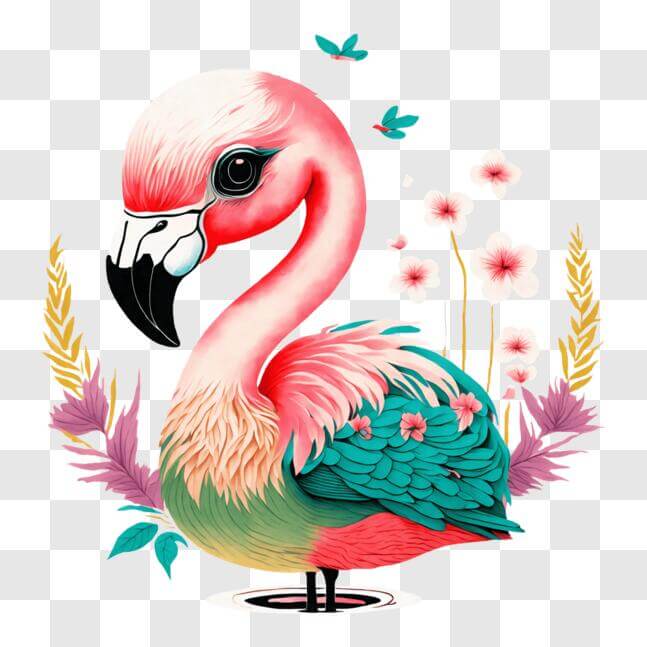 Download Pink Flamingo in a Garden of Flowers and Leaves PNGs Online ...