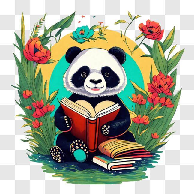 Download Panda Bear Reading Books in a Field of Flowers PNGs Online ...