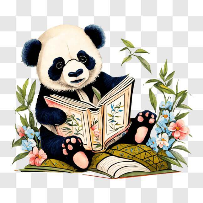 Download Panda Bear Sitting on a Book with Flowers PNGs Online ...