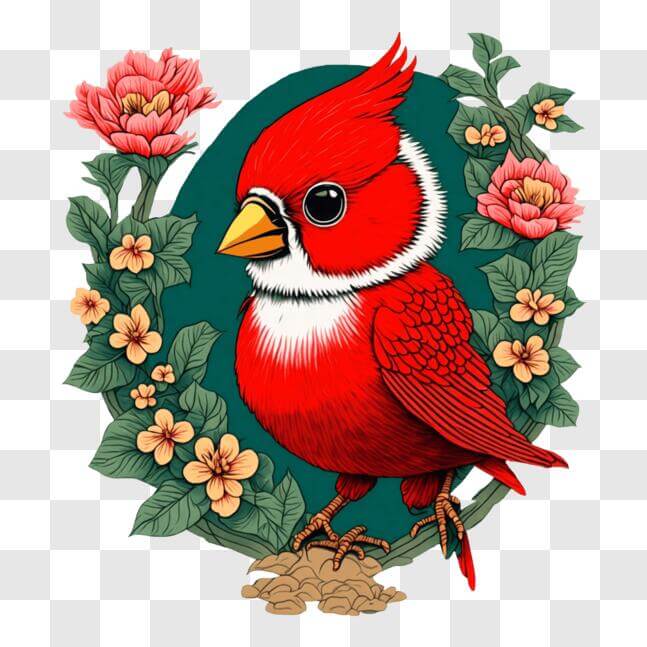 Download Red Cardinal Perched on Flowers PNG Online - Creative Fabrica
