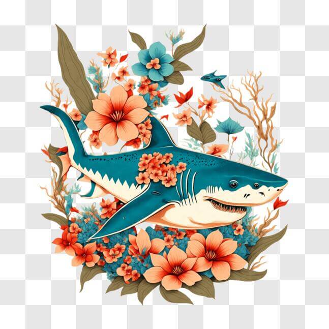 Download Colorful Shark Illustration with Tropical Plants and Flowers ...
