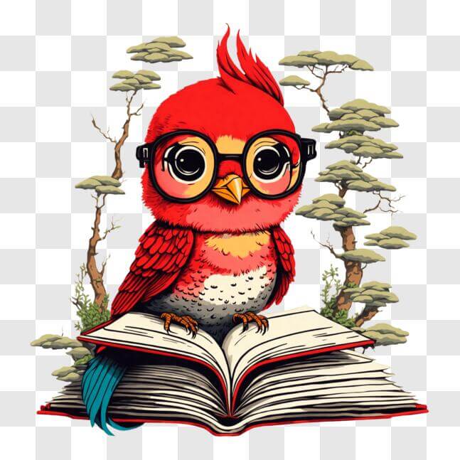 Download Red Bird Wearing Glasses Sitting on Top of an Open Book PNGs ...