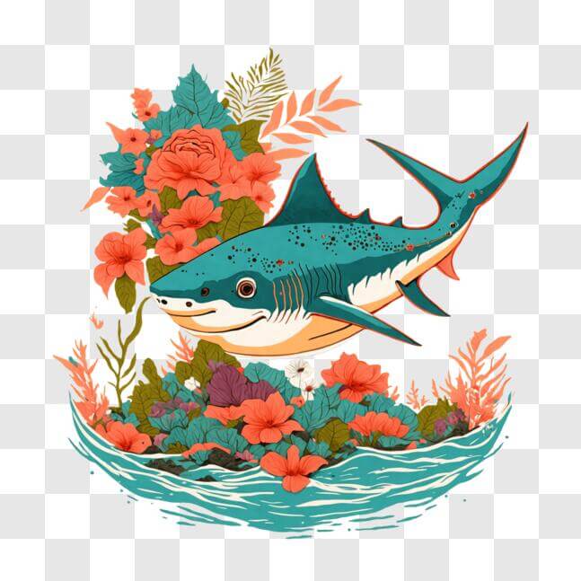 Download Colorful Shark in the Ocean Surrounded by Flowers and Plants ...