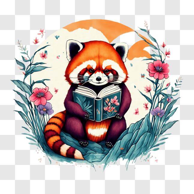 Download Red Panda reading a book in a bed of flowers PNGs Online ...