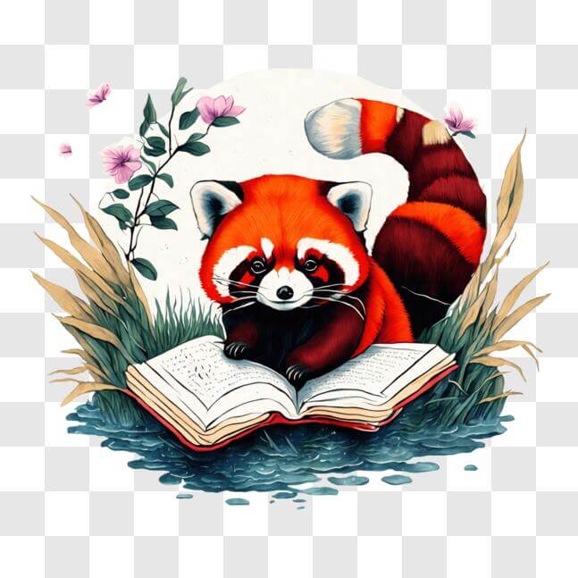 Download Red Panda Reading a Book in the Water with Flowers PNGs Online ...