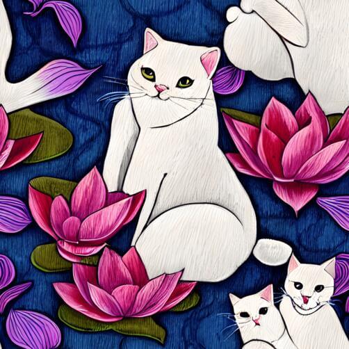 Two White Cats Sitting on Blue Background with Pink Lotus Flowers Two White Cats Sitting on Blue Background with Pink Lotus Flowers thumbnail