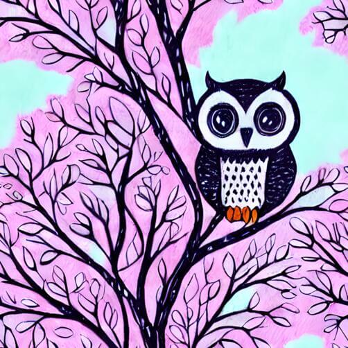 Black and white painting of an owl on a tree branch Black and white painting of an owl on a tree branch thumbnail