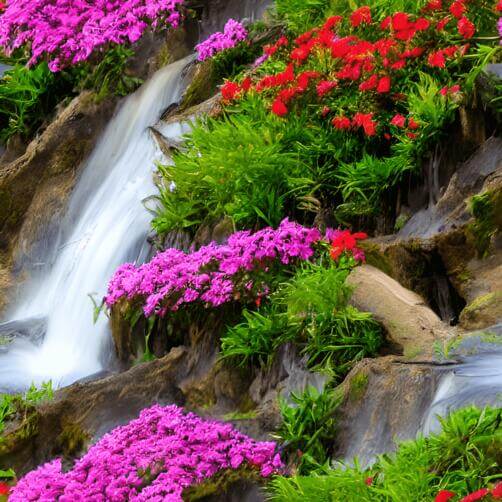 Waterfall in a Garden Setting with Lush Greenery and Colorful Flowers Waterfall in a Garden Setting with Lush Greenery and Colorful Flowers thumbnail