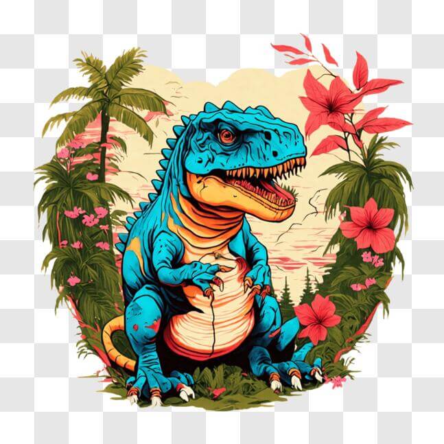 Download Blue T-Rex Dinosaur in Forest with Flowers and Trees PNGs ...