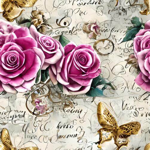 Seamless pattern of pink roses and butterflies with gold lettering Seamless pattern of pink roses and butterflies with gold lettering thumbnail