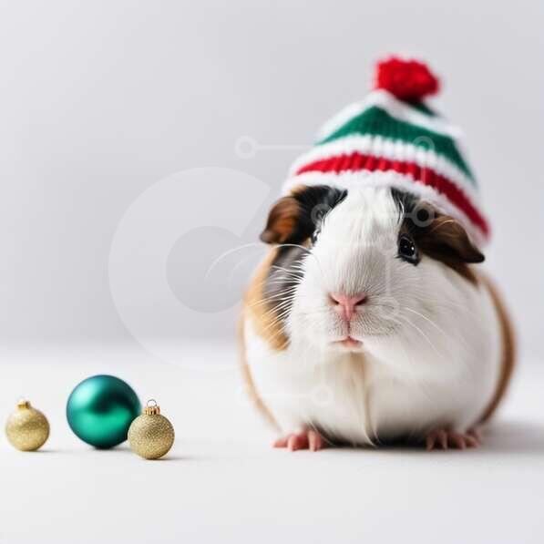 Adorable Guinea Pig with Knitted Hat and Christmas Balls stock photo ...