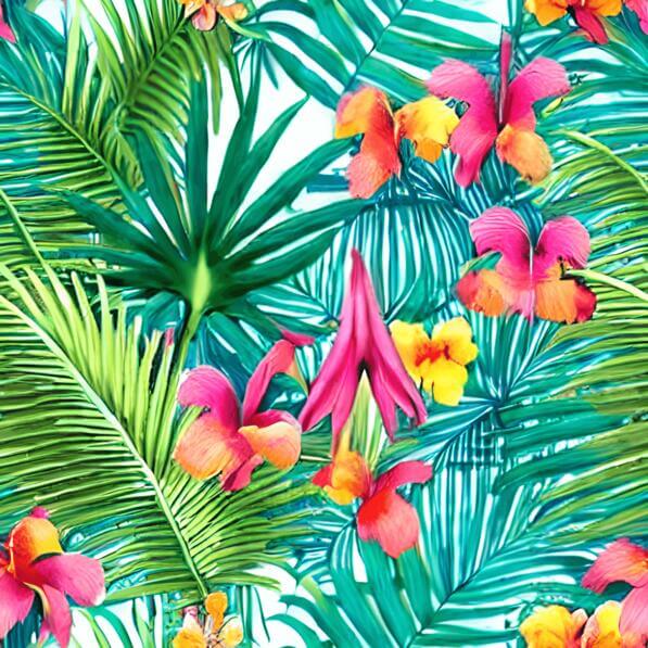 Download Tropical Flowers and Palm Leaves Seamless Pattern on White ...